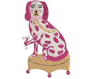 Staffordshire Spaniel Martini Dog, King Charles dog with Martini, Chinoiserie Machine Embroidery Files, Instant Digital Download