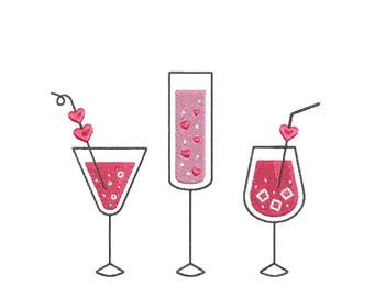 Valentines Day Drinks Cocktails Embroidery Design, Valentines Machine Embroidery Designs, Instant Digital Download, 4x4, 5x7, 6x10