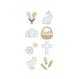May include: A collection of embroidered Easter-themed designs. The image includes a bunny, tulips, Easter eggs, a basket of eggs, a cross, a chick, a flower, and carrots. The designs are in pastel colors with a stitched appearance.