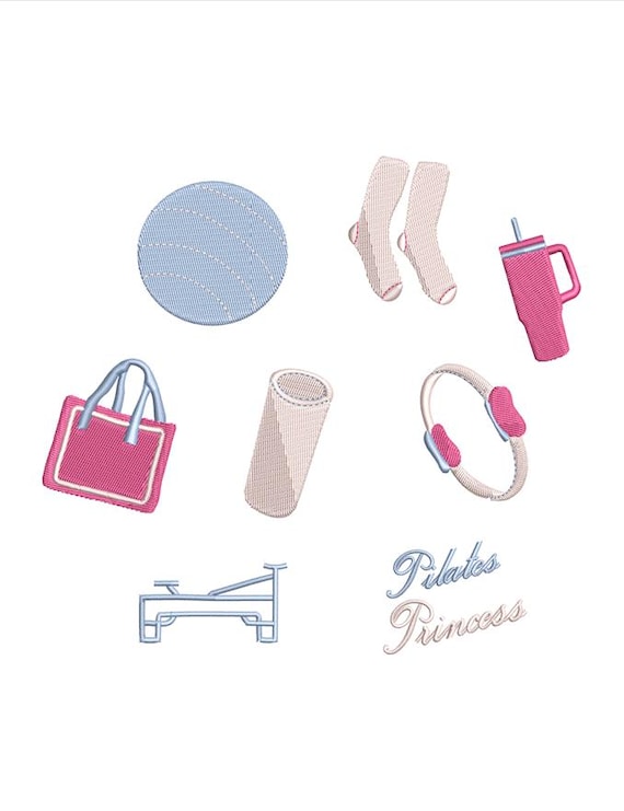 Pilates Princess Mini Embroidery Designs | Pilates Girl Set of 8 | Reformer Mat Socks Tumbler | Girly Fitness Embroidery Files