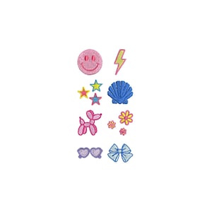 May include: A selection of embroidered patches in various shapes and colours. Includes a pink smiley face, yellow lightning bolt, stars, blue seashell, pink balloon dog, flowers, purple heart-shaped sunglasses, and a blue bow.