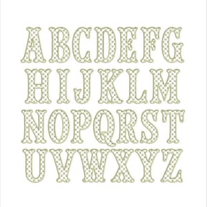 May include: A complete set of uppercase English alphabet letters from A to Z, rendered in a serif font style. Each letter features a light cream-coloured outline and a repeating diamond-shaped lattice pattern filling the interior of the characters.