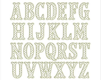May include: A complete set of uppercase English alphabet letters from A to Z, rendered in a serif font style. Each letter features a light cream-colored outline and a repeating diamond-shaped lattice pattern filling the interior of the characters.
