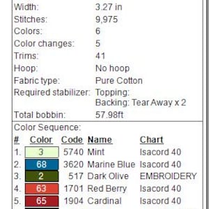 May include: A detailed chart with embroidery specifications. It lists dimensions: 3.80 inches in height and 3.27 inches in width. The chart includes stitch count, color details, and fabric type, along with color sequence information.