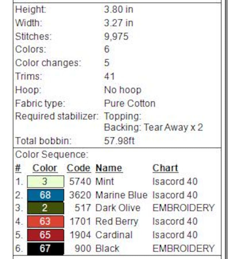 May include: A detailed chart with embroidery specifications. It lists dimensions: 3.80 inches in height and 3.27 inches in width. The chart includes stitch count, color details, and fabric type, along with color sequence information.
