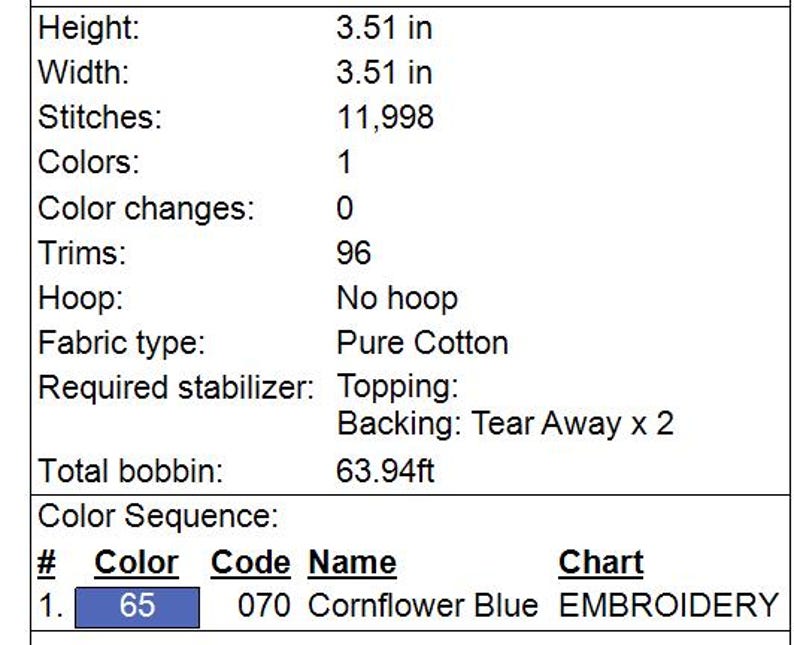 Puede incluir: Un gr&aacute;fico que muestra los detalles de un dise&ntilde;o de bordado. El dise&ntilde;o tiene 3,51 pulgadas de ancho y 3,51 pulgadas de alto. Utiliza 11.998 puntadas y un color, azul aciano. El dise&ntilde;o requiere 96 adornos y ning&uacute;n aro. El tipo de tejido es algod&oacute;n puro y el estabilizador requerido es la parte superior y el desgarro x 2. La longitud total de la bobina es de 63,94 pies.