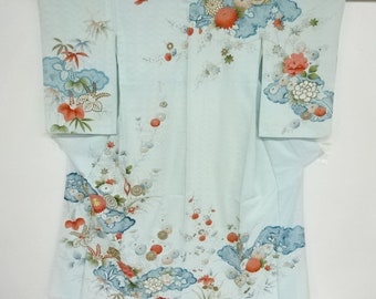 Antique Japanese houmongi kimono silk embroidery chrysanthemum