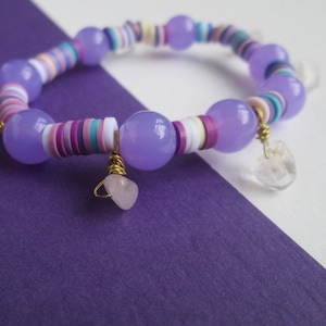 Lavender Beaded & Heishi Disc Adjustable Bracelet With Natural Quarts Accent Stones