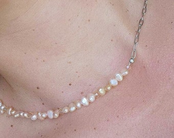 Half and Half Necklace / Silver Chain / Freshwater Pearls / Paperclip Chain Necklace / Paperclip Chain and Freshwater Pearl