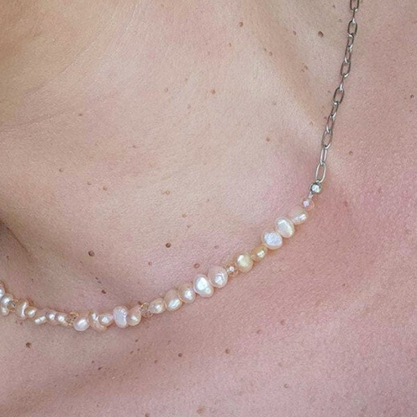 Half and Half Necklace / Silver Chain / Freshwater Pearls / Paperclip Chain Necklace / Paperclip Chain and Freshwater Pearl