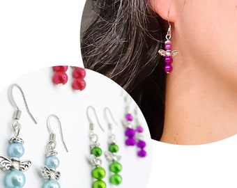Handmade Angel Earrings: Colorful Beaded Dangle Earrings with Silver Wings