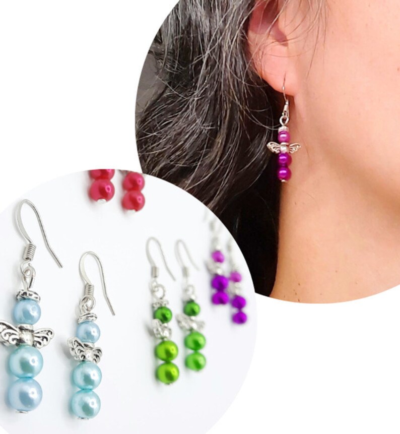 Handmade Angel Earrings: Colorful Beaded Dangle Earrings with Silver Wings image 1