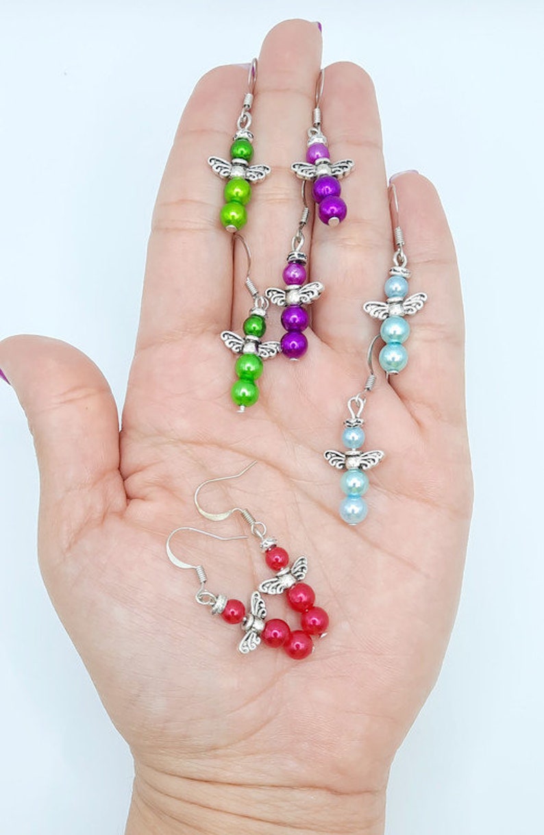Handmade Angel Earrings: Colorful Beaded Dangle Earrings with Silver Wings image 8