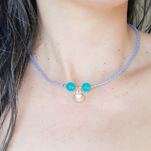 Shell Charm Choker: Turquoise Seed Beaded Necklace