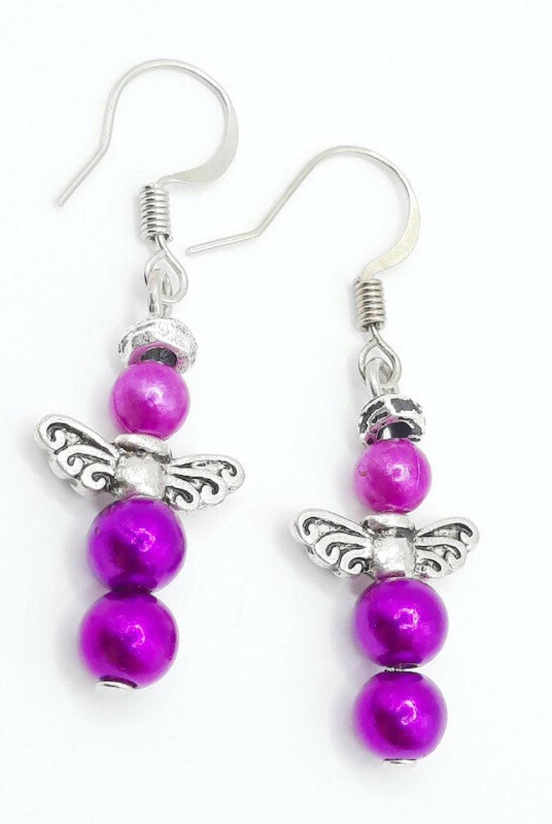 Handmade Angel Earrings: Colorful Beaded Dangle Earrings with Silver Wings image 4