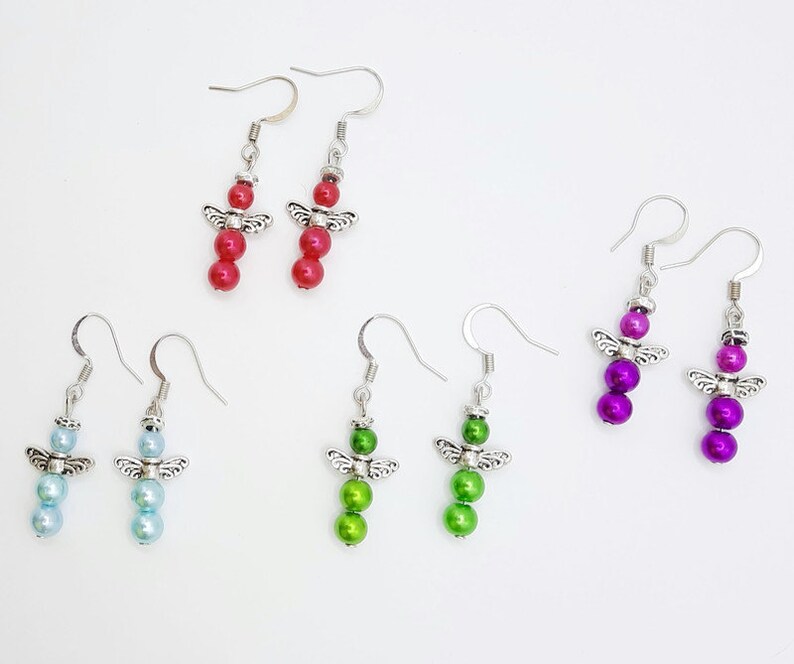 Handmade Angel Earrings: Colorful Beaded Dangle Earrings with Silver Wings image 7