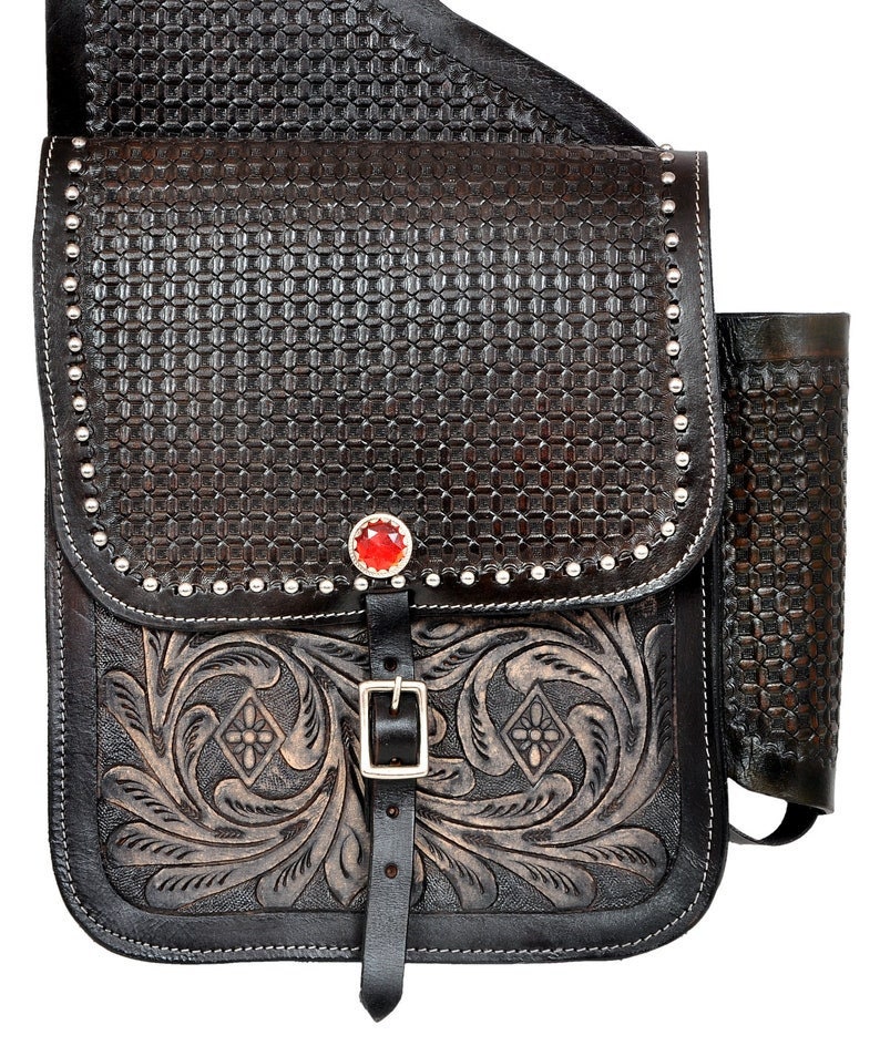 Sacoches De Selle Western En Cuir Véritable – Modèle à Outils, Gravé Main, Daarkgreen