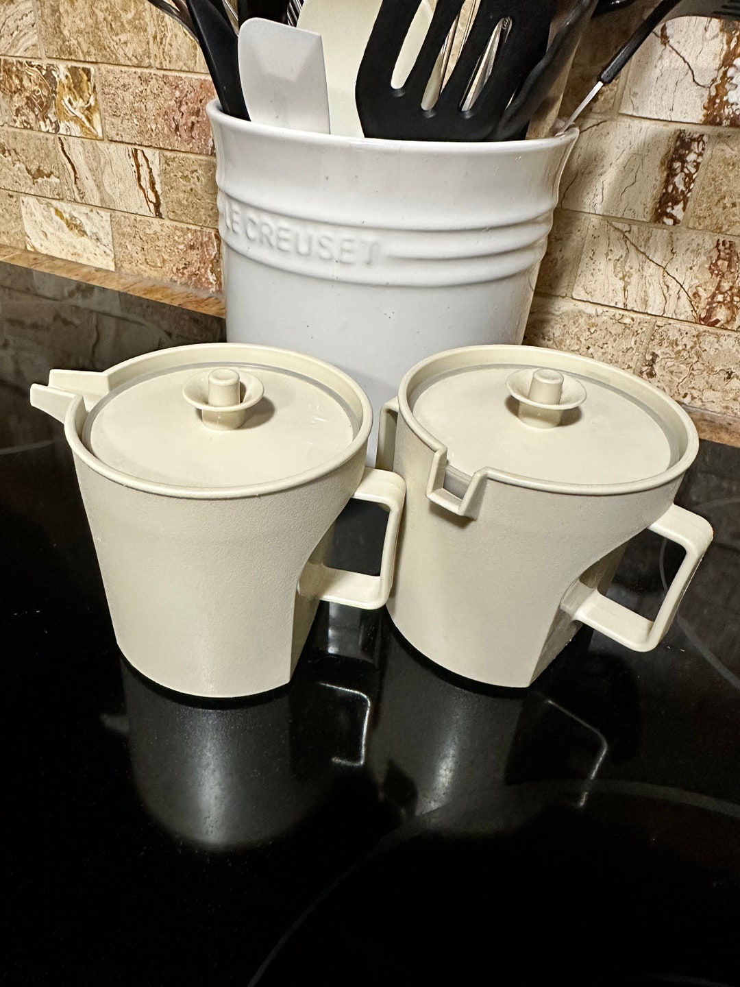 Retro Tupperware Sugar and Creamer Set With Lids Almond Color Etsy
