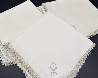 Vintage 8 Piece Set of Embroidered Cotton Napkins Cotton Plant Motif 16 X 16