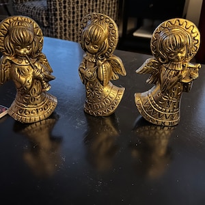 Vintage 1960s Gold Gilt Angels - Mid Century Modern Christmas Angels w/ Musical Instruments - Vintage Christmas Decoration - Set of 3 Angels
