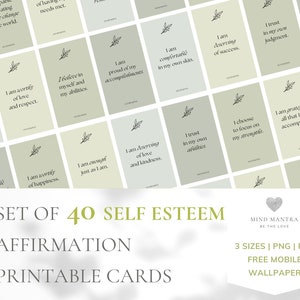 Conjunto de 40 Tarjetas Imprimibles de Afirmación de Autoestima / Descarga Digital / Pensamientos Positivos / Afirmaciones Positivas / Autocuidado