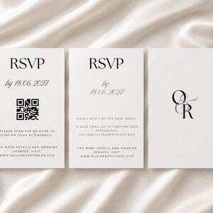 May include: Three white rectangular RSVP cards with black text. The first card features a QR code, the second includes email instructions, and the third displays the monogram OR. All cards show the date 18.06.2027 and the website URL.