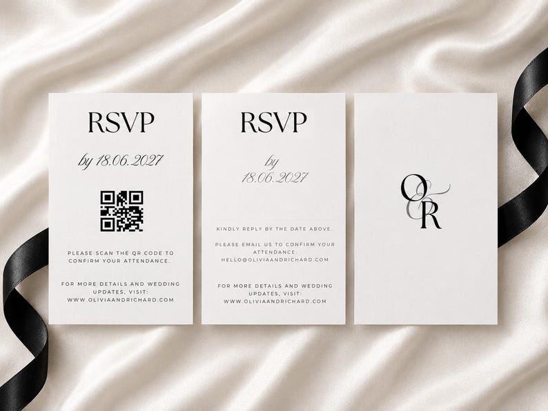 May include: Three white rectangular RSVP cards with black text. The first card features a QR code, the second includes email instructions, and the third displays the monogram OR. All cards show the date 18.06.2027 and the website URL.