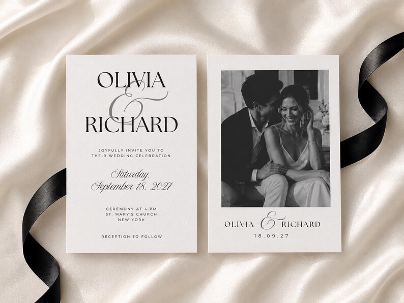 May include: A white wedding invitation set featuring black serif typography. The left card displays the names Olivia & Richard, date September 18, 2027, and ceremony details. The right card features a black and white photograph of a couple.