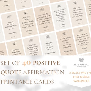 Conjunto de 40 tarjetas imprimibles de afirmación de cotización positiva / Descarga digital / Pensamientos positivos / Afirmaciones positivas / Autocuidado