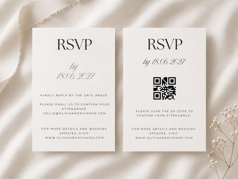 May include: Two white rectangular RSVP cards with black text. The left card reads RSVP by 18.06.2027, kindly reply by the date above, please email us to confirm your attendance hello@oliviaandrichard.com, and visit www.oliviaandrichard.com.