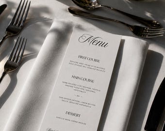 Elegant Wedding Menu Template, Modern Reception Card, 3.5x8 (Instant Download)