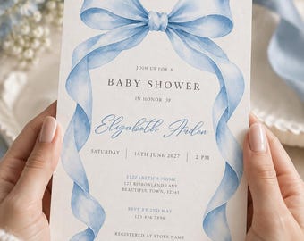 May include: A rectangular baby shower invitation card featuring a watercolor illustration of a large, light blue ribbon tied in a bow at the top. The text reads: JOIN US FOR A BABY SHOWER IN HONOR OF Elizabeth Arden SATURDAY 16TH JUNE 2027 2 PM.