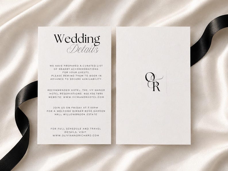May include: Two white rectangular wedding detail cards with black text. The left card features the heading Wedding Details followed by accommodation and event information. The right card displays a black monogram with the letters O and R.