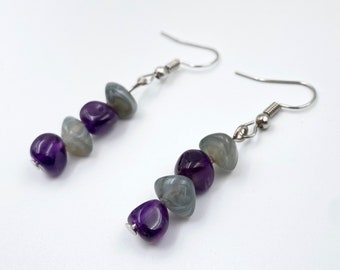 Purple and Gray Dangle Earrings, Stacked Beads, Everyday, Simple, Gift for Her