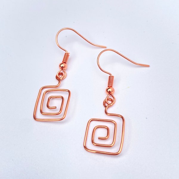 Square Spiral Dangle Earrings; Copper Colored Wire; Geometric Jewelry; Minimalist