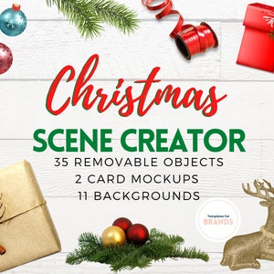 May include: Christmas Scene Creator with 35 removable objects, 2 card mockups, and 11 backgrounds. The image features a white wood background with a variety of Christmas decorations, including ornaments, candy canes, a reindeer, and a gift box.