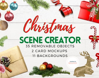 May include: Christmas Scene Creator with 35 removable objects, 2 card mockups, and 11 backgrounds. The image features a white wood background with a variety of Christmas decorations, including ornaments, candy canes, a reindeer, and a gift box.
