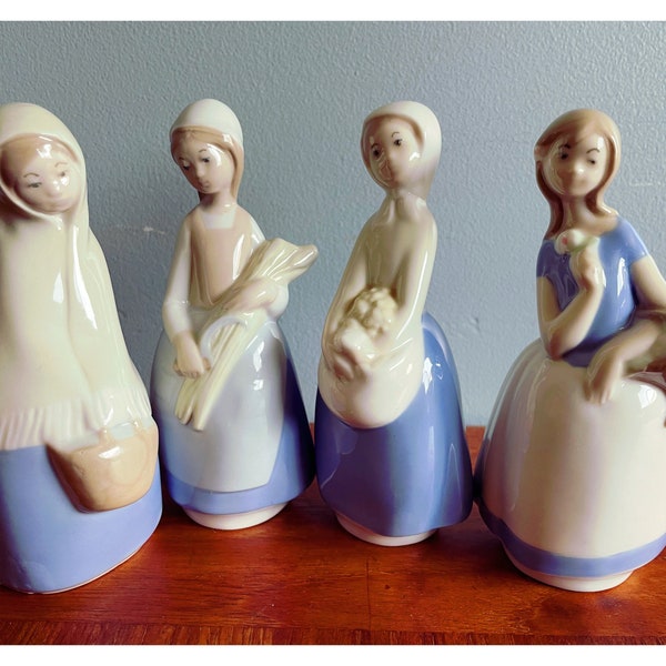 Set of 4 Vintage Rex Valencia Figurines, Collectible Made in Spain Lady Figures, Girl With Baskets or Flowers