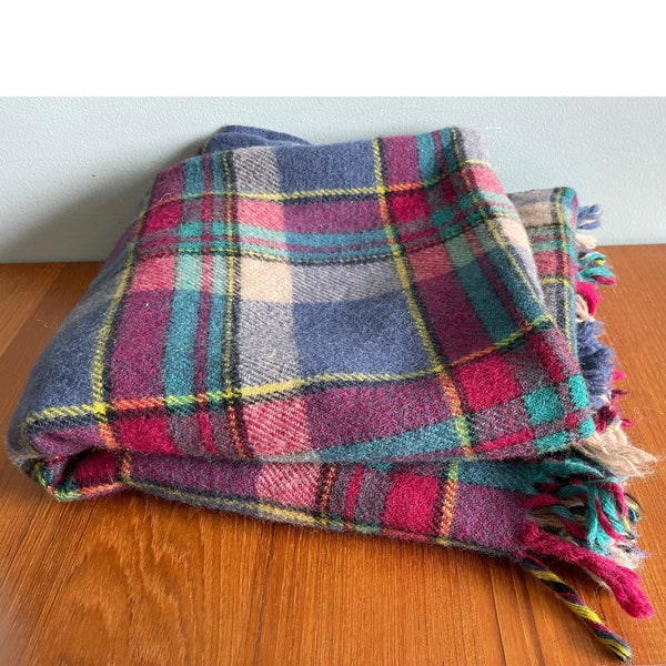 Vintage Faribault Wool Blanket, Tartan Blue, Red, Green Plaid With Yellow Stripe, 100% Soft Wool