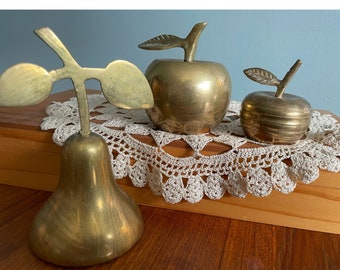 Three Brass Apple Lot, Bells & Knick Knacks, Gift For Teacher, Brass Fruit For Kitchen