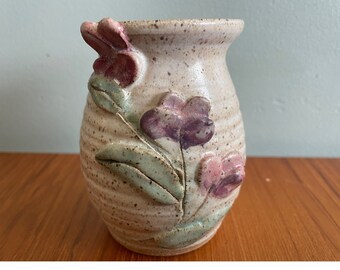 Pottery Vase With Raised Flowers and Leaves on Vine, Table Vignette, Signed by Artisan