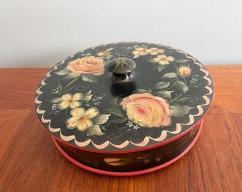 Large Handpainted Wood Container With Lid, Floral Tole Painted Cabbage Rose Pattern