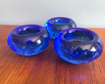 Vintage Ikea Tealight Holders, Set of 3 Cobalt Blue Art Glass Candle Holders