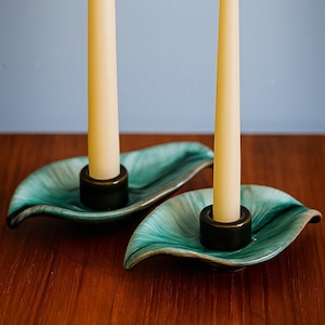 Vintage Blue Mountain Pottery Candlesticks, Canadian Collectible Leaf Shape Taper Candleholders