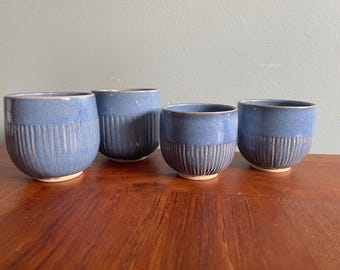 Studio Pottery Wine Cups, Versatile Set of 4 Goblets or Blue Bowls