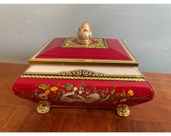 Vintage Footed Tin, Vibrant Red & Gold With Daisy Design, Storage For Trinkets Or Keepsakes