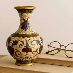 May include: A decorative vase with a cream background and floral patterns in blue, brown, and green. The vase has a gold rim and base. Round, gold-rimmed glasses rest on a stack of books.