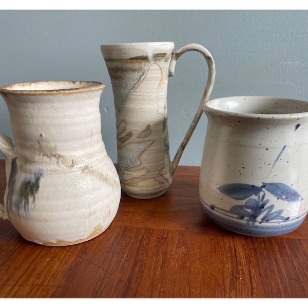 Lot de 3 tasses Studio Pottery, crème, bleu et vert tasses à café ou à thé, cuisine de ferme moderne ou rustique