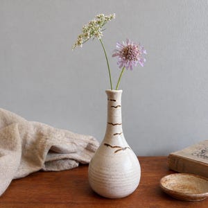 Peut inclure: Un vase en céramique crème avec des lignes décoratives marron, contenant deux fleurs. Le vase est posé sur une surface en bois, à côté d'une petite coupelle et d'un livre. Les fleurs sont violet clair et blanches.