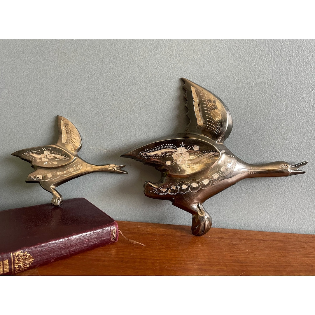 Vintage Bird Wall Decor Set of 2 Flying Geese Floral Etched Etsy
